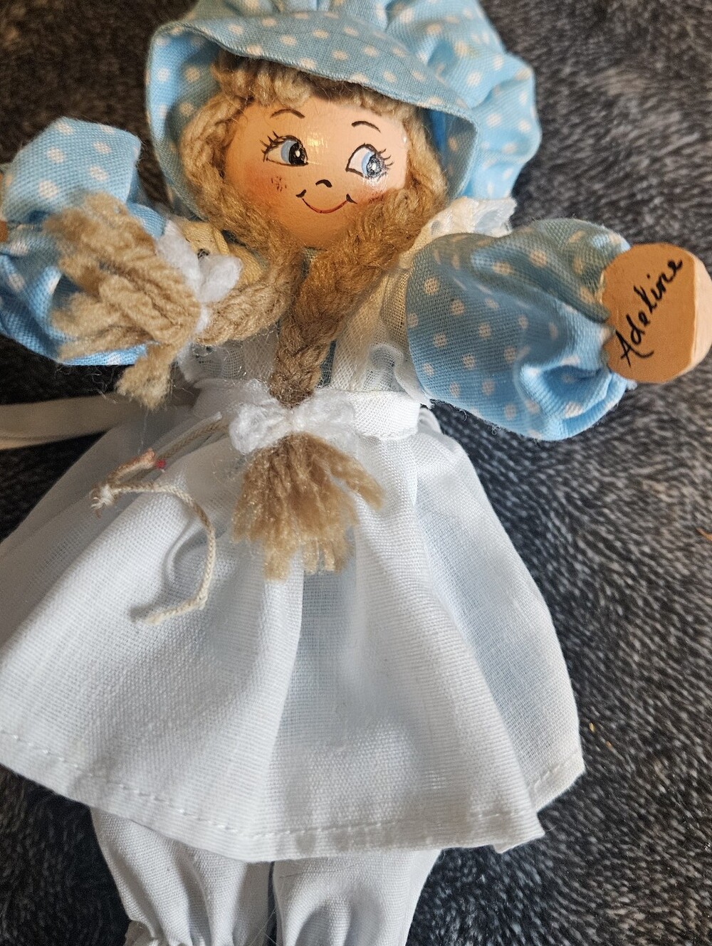Vtg Adeline (1970-80) Hand Painted Head; Yarn Braids, Wooden Tag Marked 7" Adeli